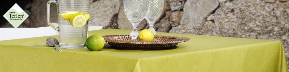Plain Colours - Premium quality wipe clean acrylic coated table covers.  Symphony - tonal appearance, upto 240cm wide Maison - plain fabric upto 180cm wide LinCott - yarn dyed upto 240cm wide