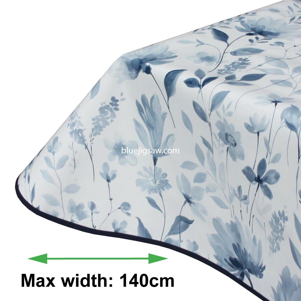Watercolour Blue Flower PVC Tablecloth With Bias Binding & Rounded Corners