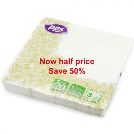 PPS 3ply 33cm Paper Napkins, Gold Leaf Border