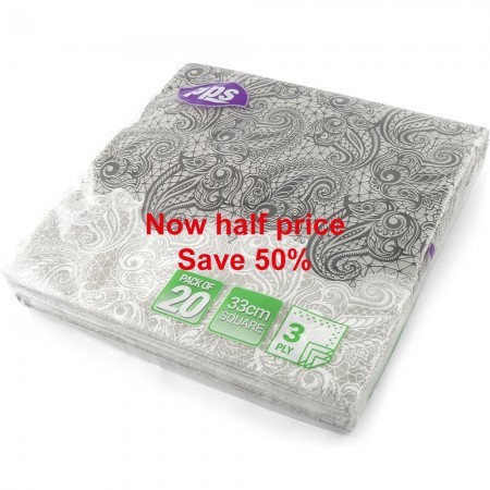PPS 3ply 33cm Paper Napkins, Black Paisley